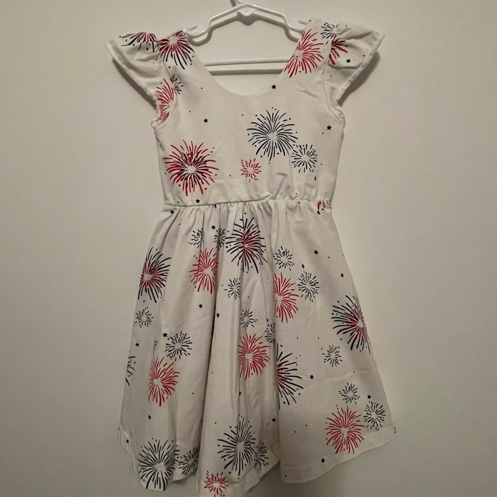 Girls' White Dress with Red and Blue Firework Print